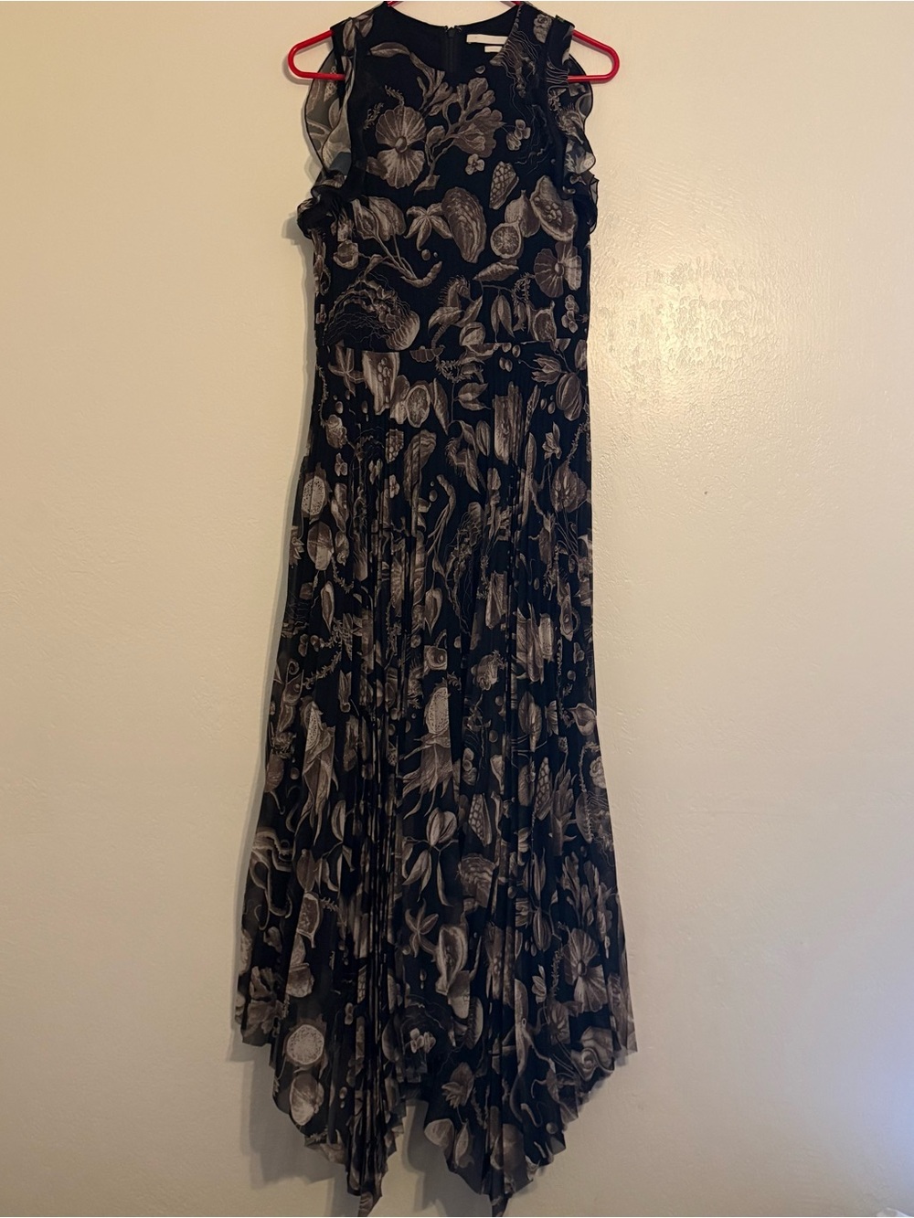 Jason Wu Black/Beige Floral Chiffon Maxi Pleated Lined Zip 6